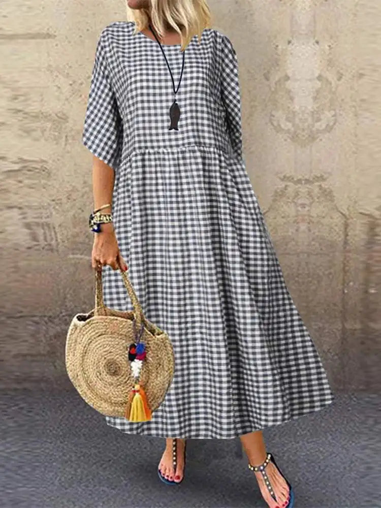 Bohemian Maxi Dress for Women Plaid Print Loose A Line