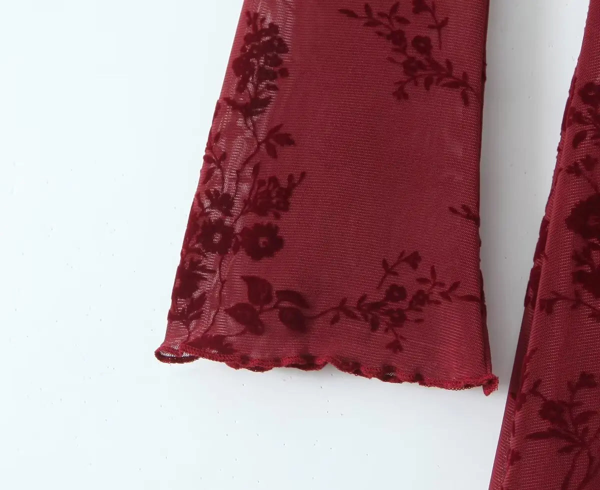 Retro Flocked Print High Waist Long Sleeve Dress Slim Fit