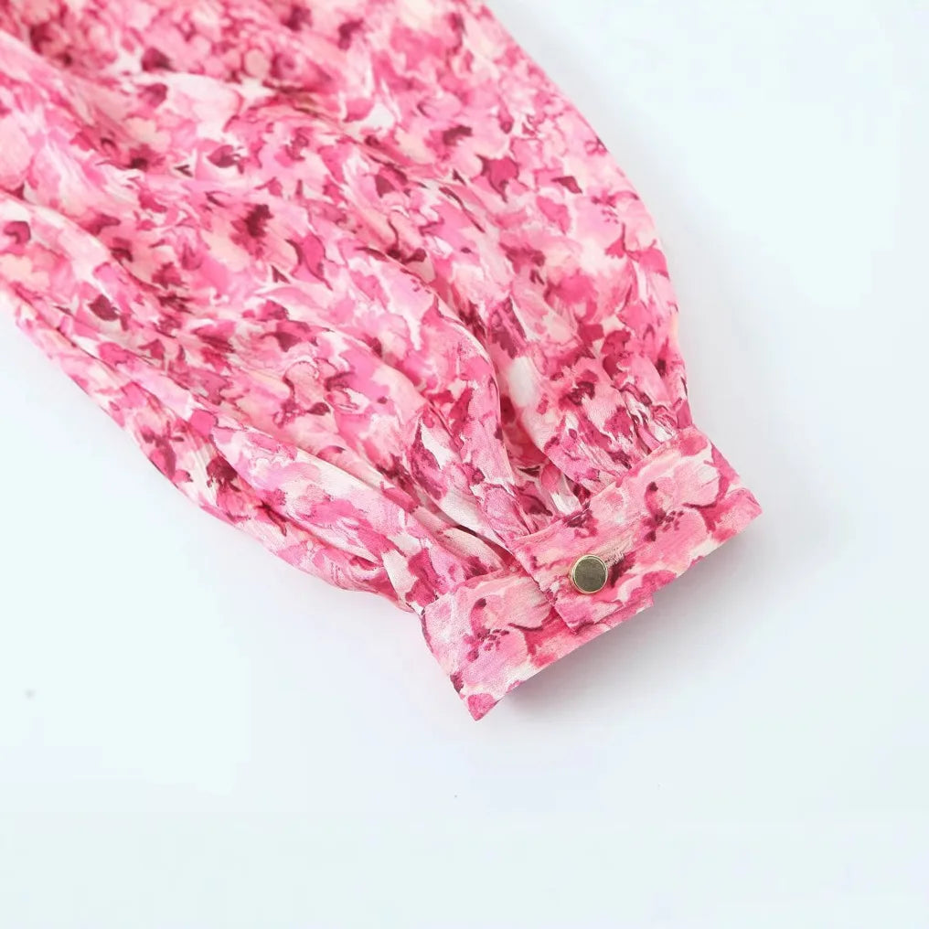 Floral Print Midi Dress V Neck Long Sleeve With Waist Tie