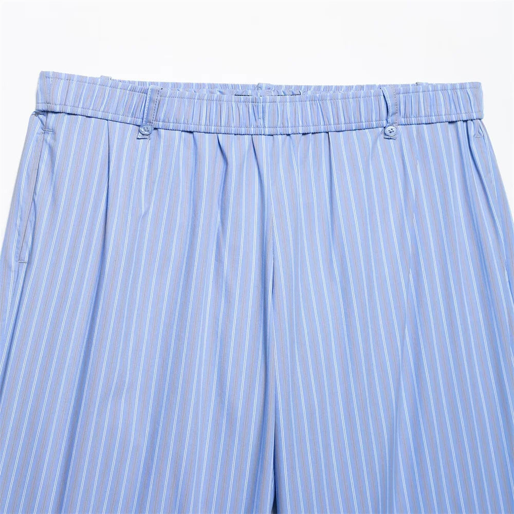 Womens Light Blue Pinstripe Suit Set with Sleeveless Asymmetric Vest and Wide Leg Pants for Stylish Office Attire