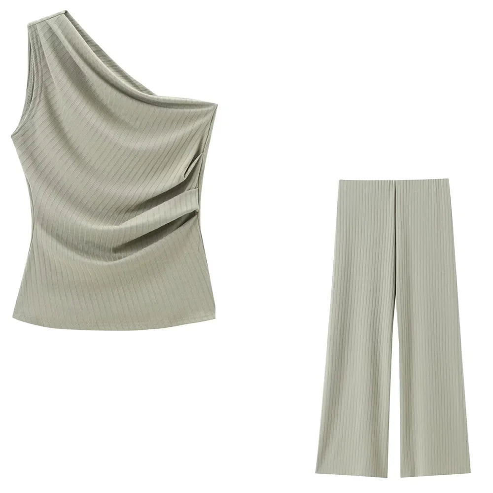 Women's Asymmetric Collar Sleeveless Slim Fit Top and Wide Leg Pants Set for Elegant Casual Style