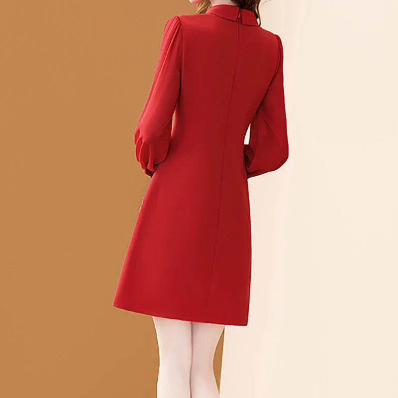 Floral Embroidery Chiffon Dress With Polo Collar For Office