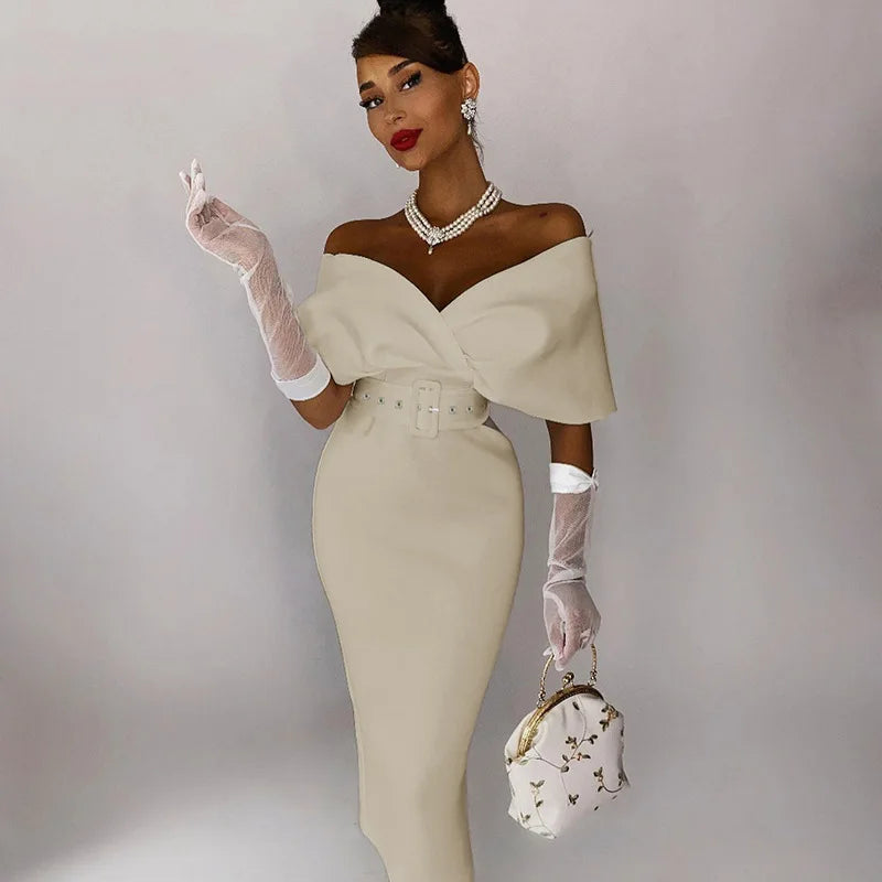 Off Shoulder High Waist Belted Summer Dress For Women