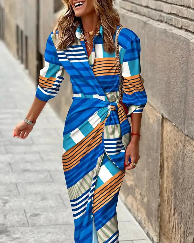 Women's Printed Long Sleeve Shirt Dress With Lapel Detail