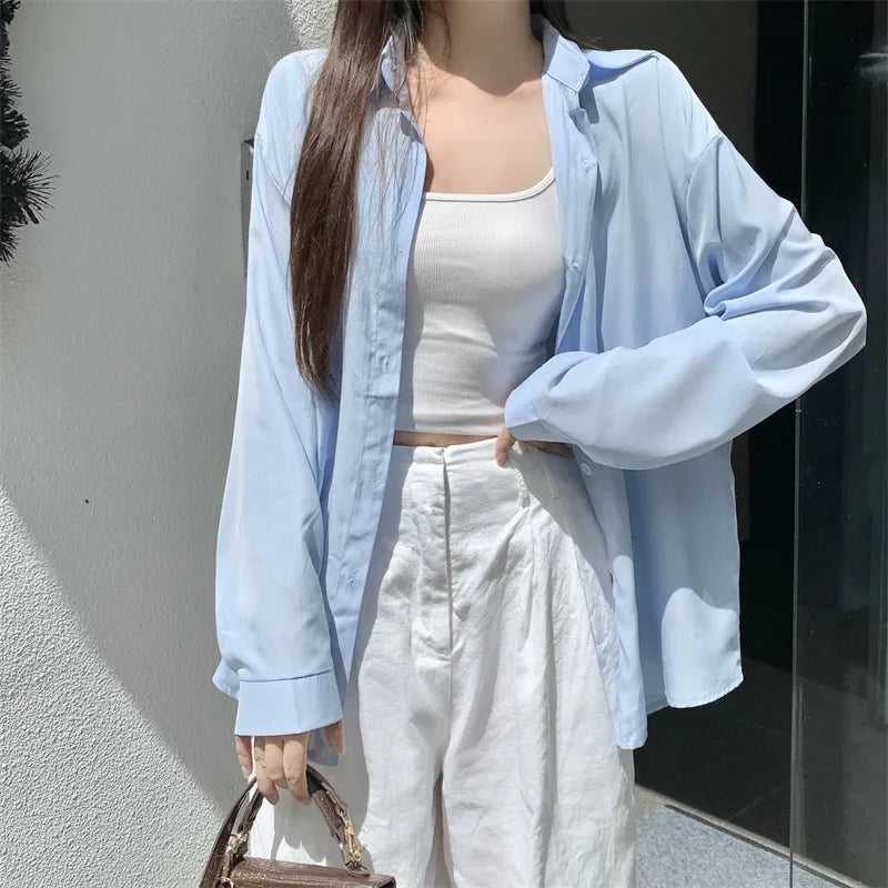 Silky Oversize Button Down Shirt for Women Long Sleeve Boyfriend Blouse Lightweight Summer Cover Up Casual Teen Girl Outfit