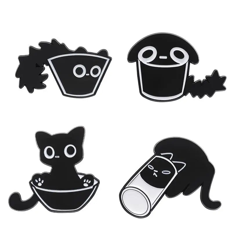 Cute Cat Enamel Pins Set of 4 to 6 Black Fluid Cat Brooches Lapel Badges Unique Animal Jewelry Gift