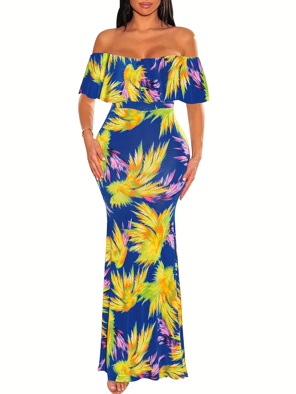 Floral Print Maxi Dress Off Shoulder Bodycon Silhouette