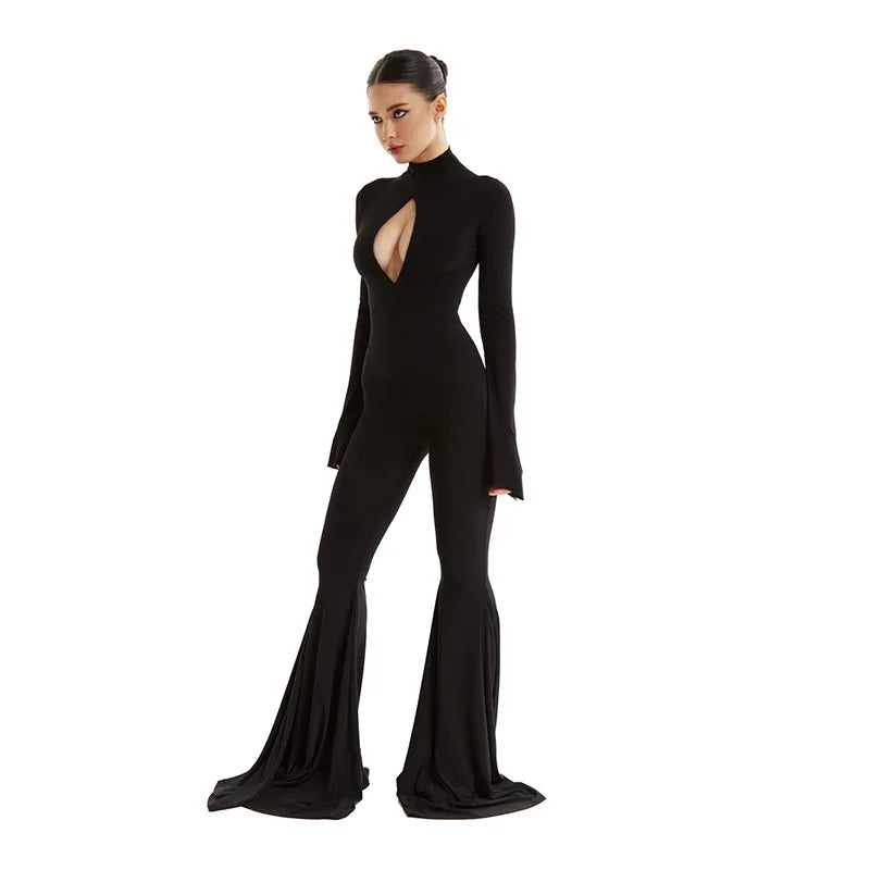 Slim Fit Hollow Out Long Sleeve Semi High Neck Jumpsuit with Elastic Waist Solid Color Women's Slim Pants Y2K Inspired Bottoms