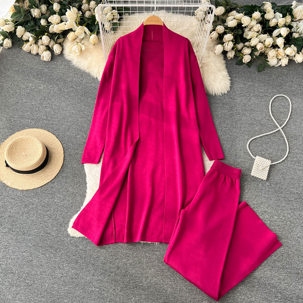 3 Piece Knitted Tracksuit Set for Women Comfy Loungewear with Long Cardigan Coat Turtleneck Vest and Pants