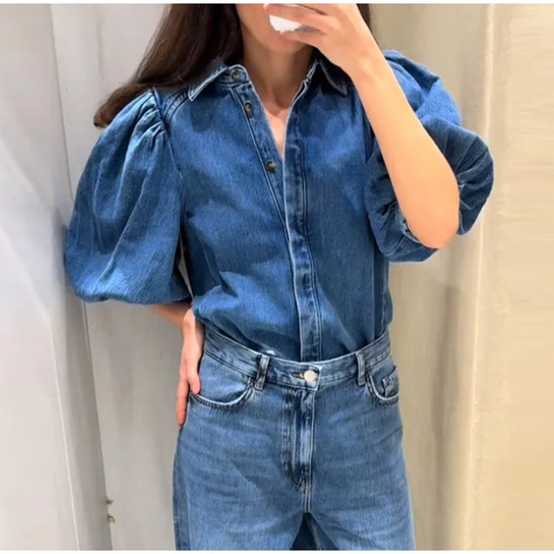 Street Denim Women's Puff Sleeve Shirt Solid Color Single Breasted Pleated Blouse Casual Half Sleeve Top for Spring and Summer