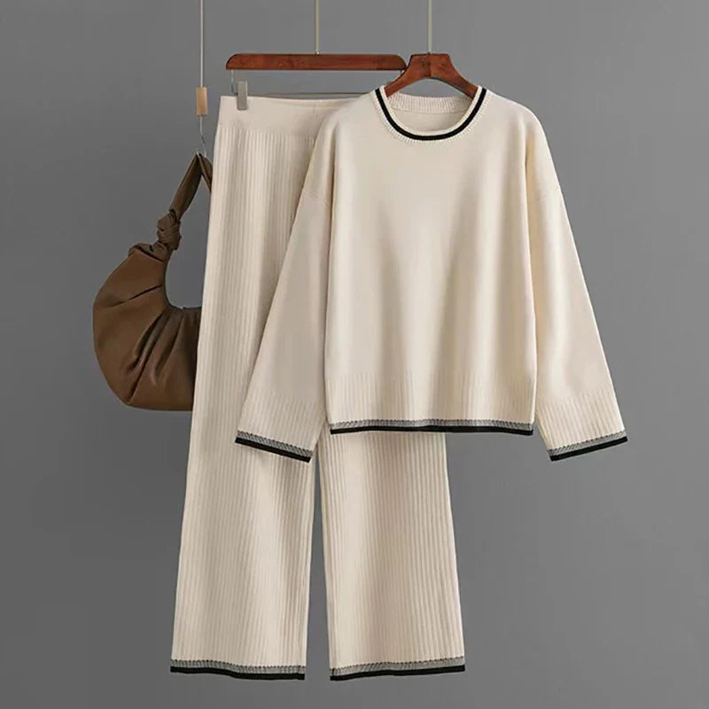 Elegant O-neck Long Sleeve Pullover and Wide Leg Pants 2 Piece Set for Women Casual Spring Outfits