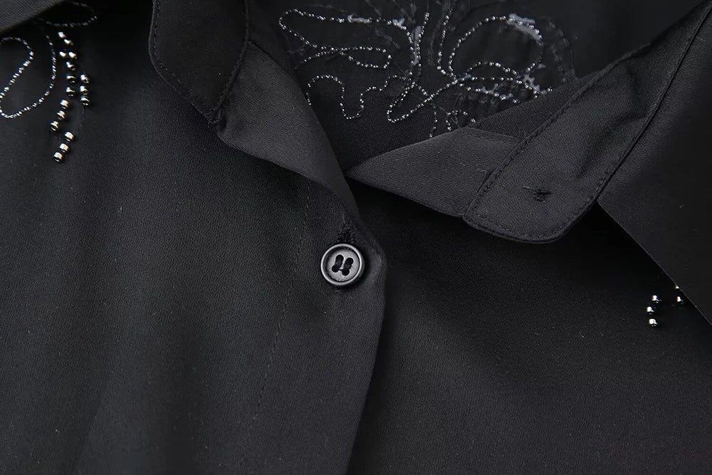 Women's Beaded Embroidery Long Sleeve Shirt and Loose Trousers Set with Lace Up Details