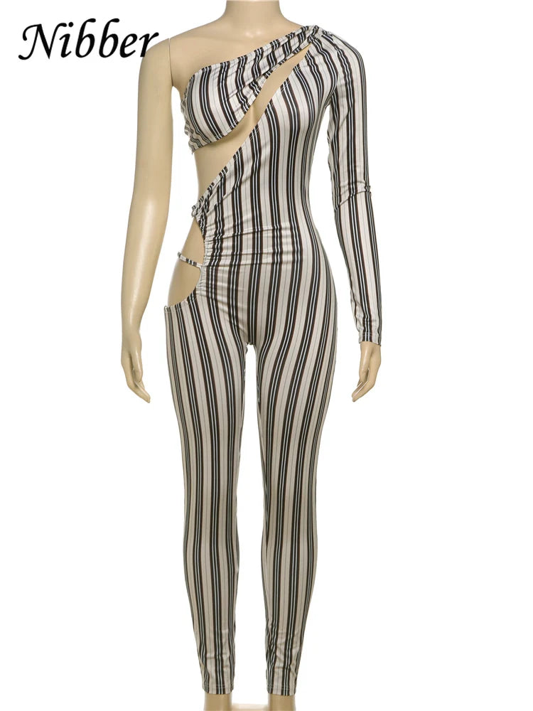 Sexy Hollow Ruched Jumpsuit for Women Irregular Hipster Stripe Print Full Sleeve Midnight Fit Workout Overalls