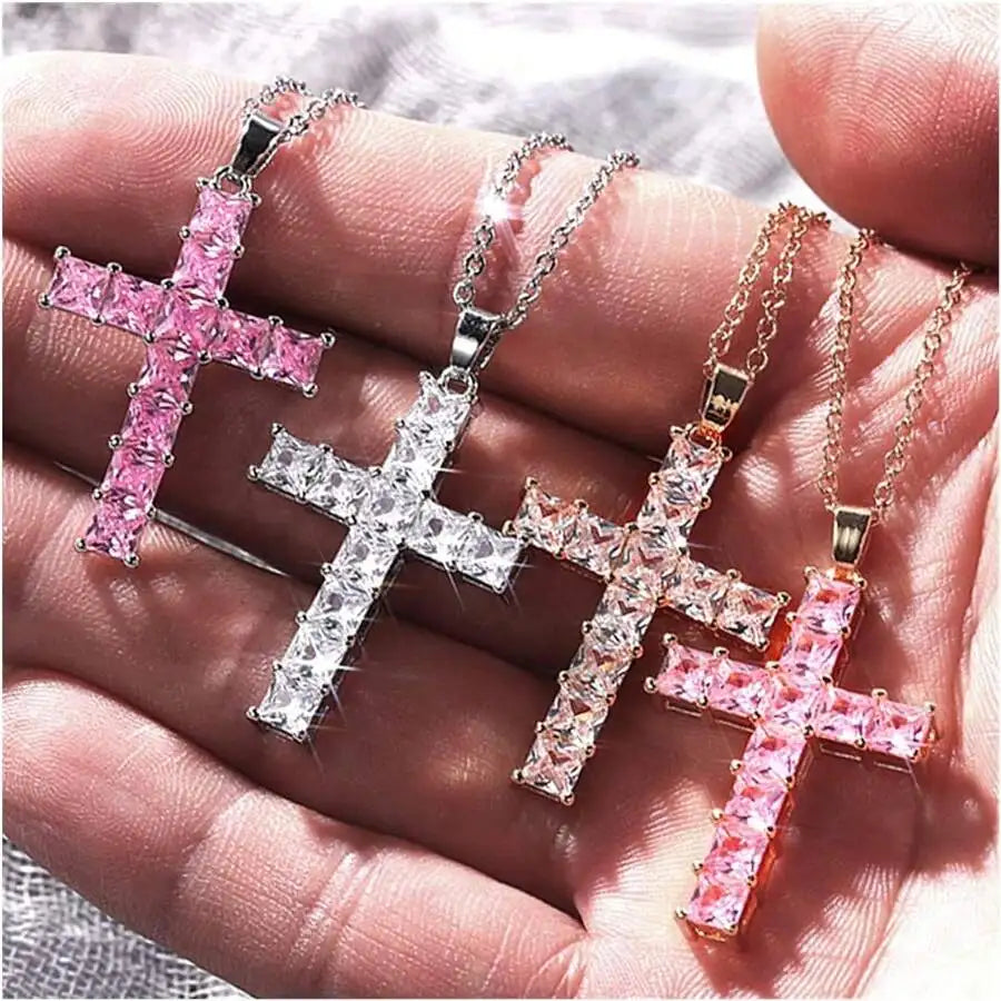Gold Multi Color Crystal Cross Pendant Necklace for Women - Fashionable Statement Jewelry for Parties and Leisure