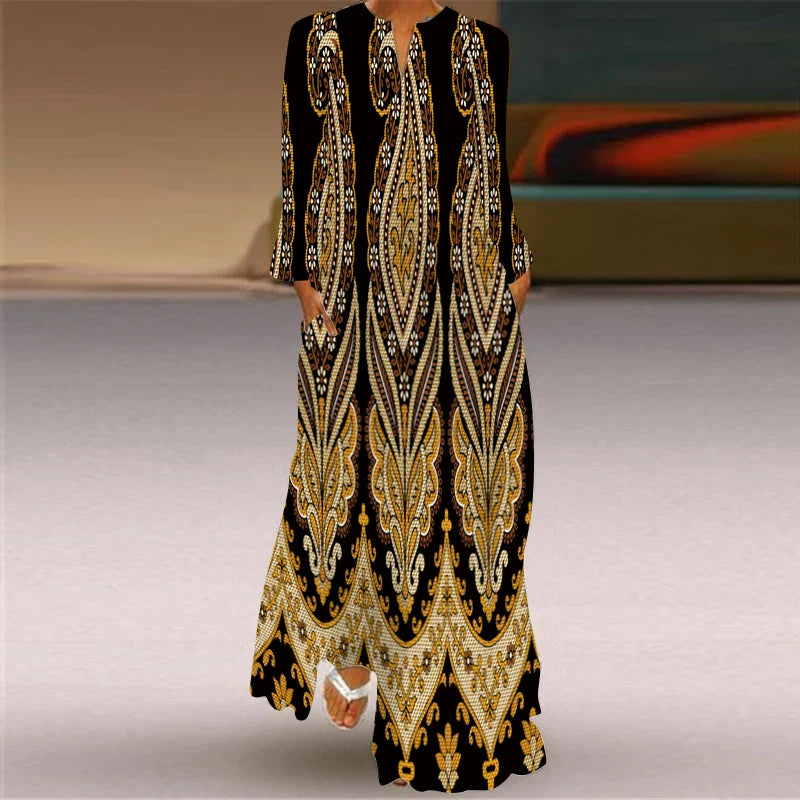 V Neck Long Sleeve Printed Dress With Pocket For Women