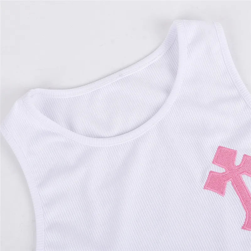 Women Two Piece Ribbed Skirt Set with Cross Embroidered Sleeveless Crop Top and Mini Skirt Party Dress