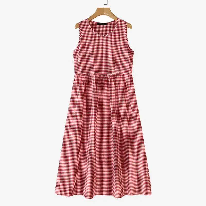 Gingham Midi Dress For Women Vintage Casual Aline Holiday