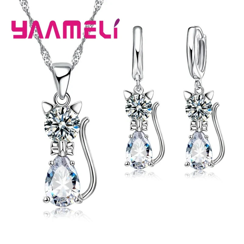 925 Sterling Silver Cat Pendant Necklace and Huggie Earring Jewelry Set with Shining Austrian Crystal for Women and Girls