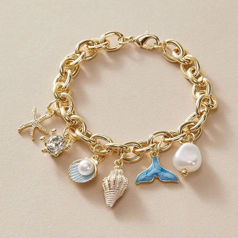 Starfish Shell Conch Bracelet with Imitation Pearl and Gold Color Chain for Women Ocean Inspired Summer Beach Jewelry