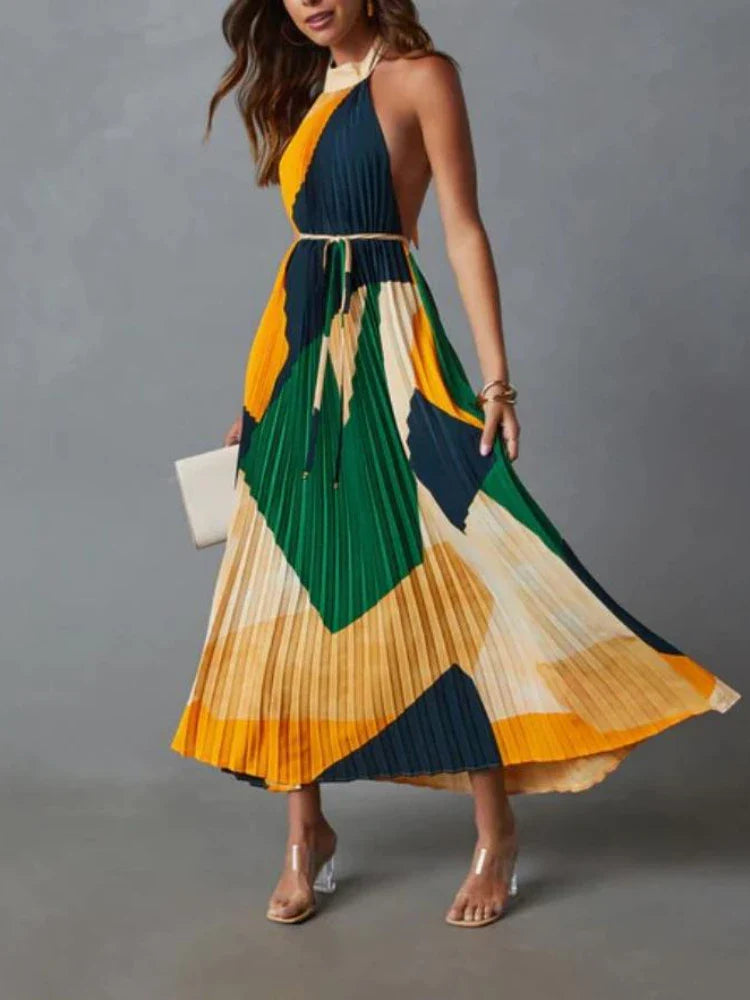 Elegant Backless Pleated Printed Dress For Summer Women