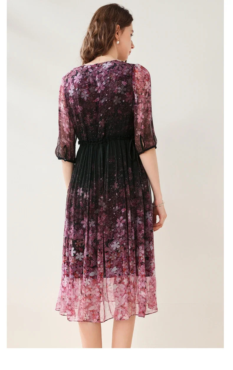 Purple Floral Chiffon Dress With V Neck And Lantern Sleeves