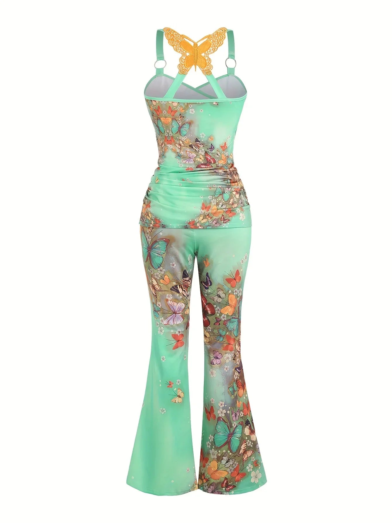 Elegant Butterfly Lace Cross Front Vest And Wide-Leg Trousers Two-Piece Suit For Women