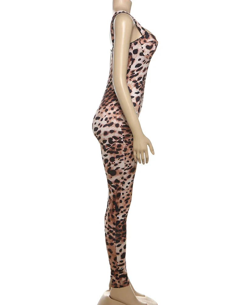 Weird Puss Sexy Sleeveless Leopard Print Jumpsuit for Women Stretch Fit Streetwear Workout Overalls