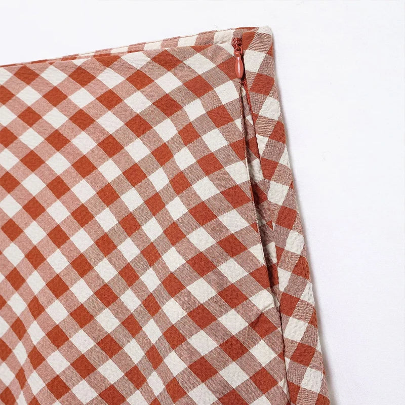 Women's Plaid Halter Crop Top with Backless Design and High Waist Vintage Maze Pattern Skirt Set