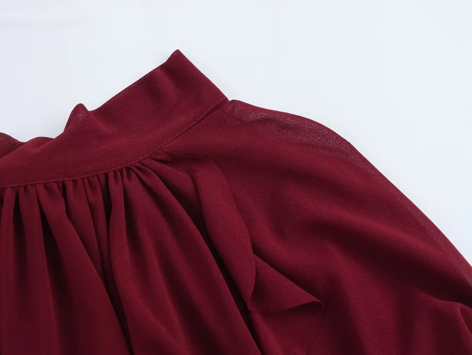 Elegant Women Blouse with Stand Up Collar Ruffle Edge Decoration and Folded Sleeve Detail Chic Shirt Top