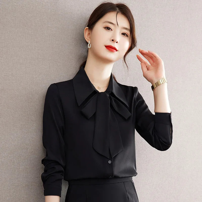 Elegant Bow Tie Ribbon Blouse for Women Lace Up Temperament Shirt Stylish Spring and Autumn Top