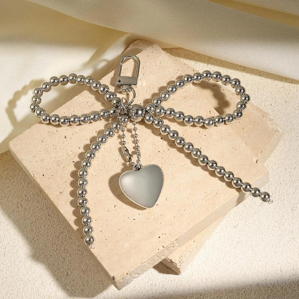 White Bowknot Heart Keychain for Women Sweet Charm Pearl Bow Backpack Key Ring Handmade Jewelry Ornament