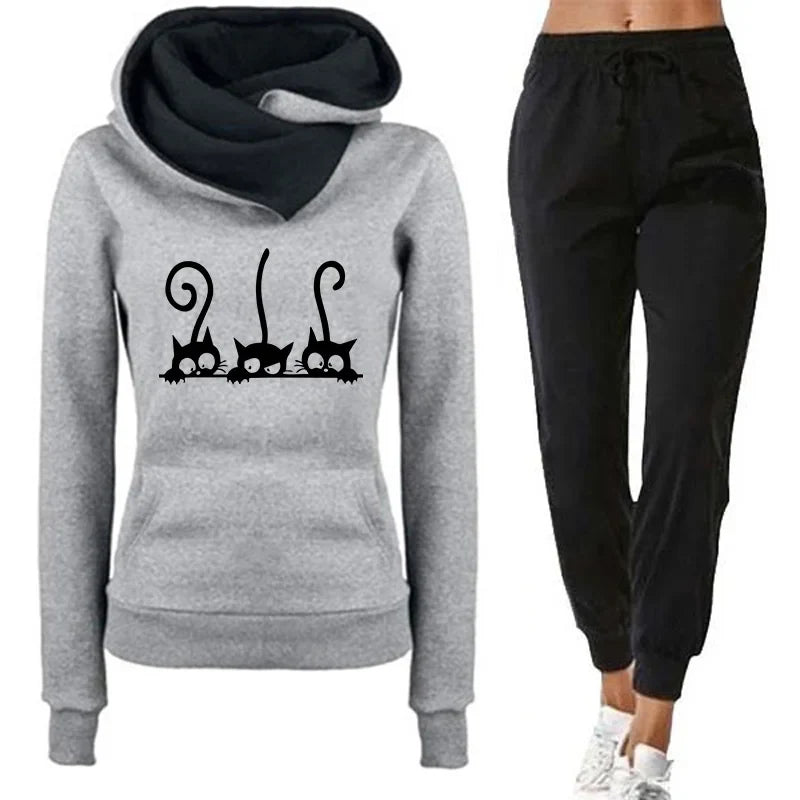 Womens Cute Cat Print Tracksuit Hooded Sweatshirt and Jogging Pants Set for Casual Autumn and Winter Wear