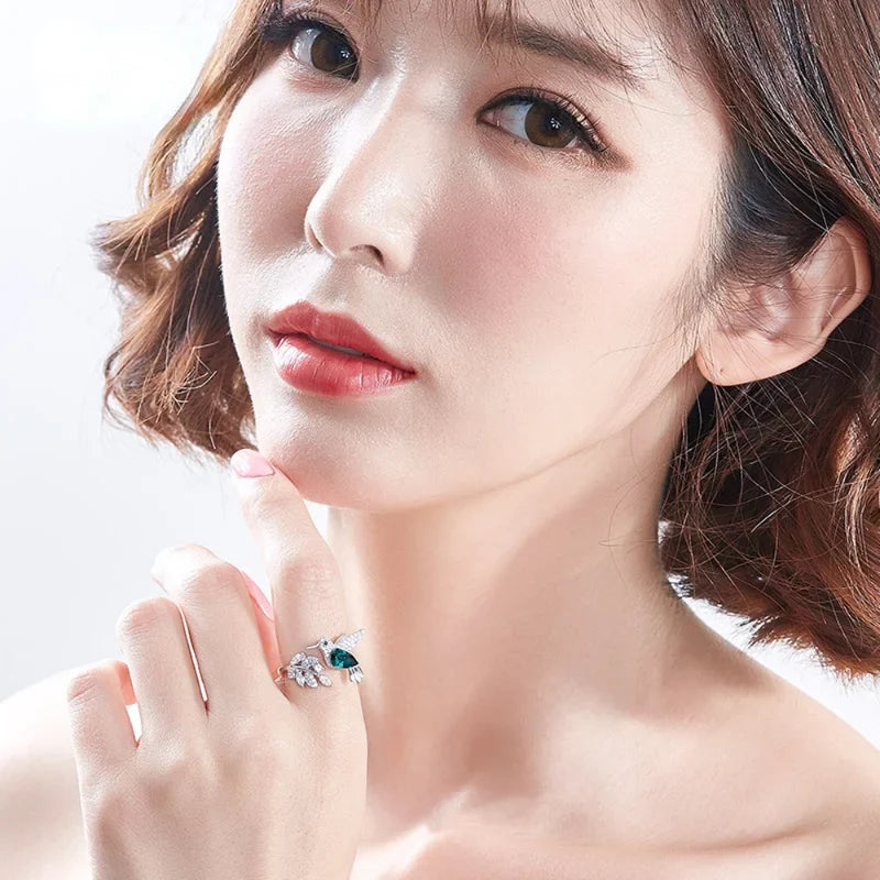 Elegant Natural Blue Stone Hummingbird Adjustable Ring for Women - Unique Glass Filled Wedding and Engagement Jewelry