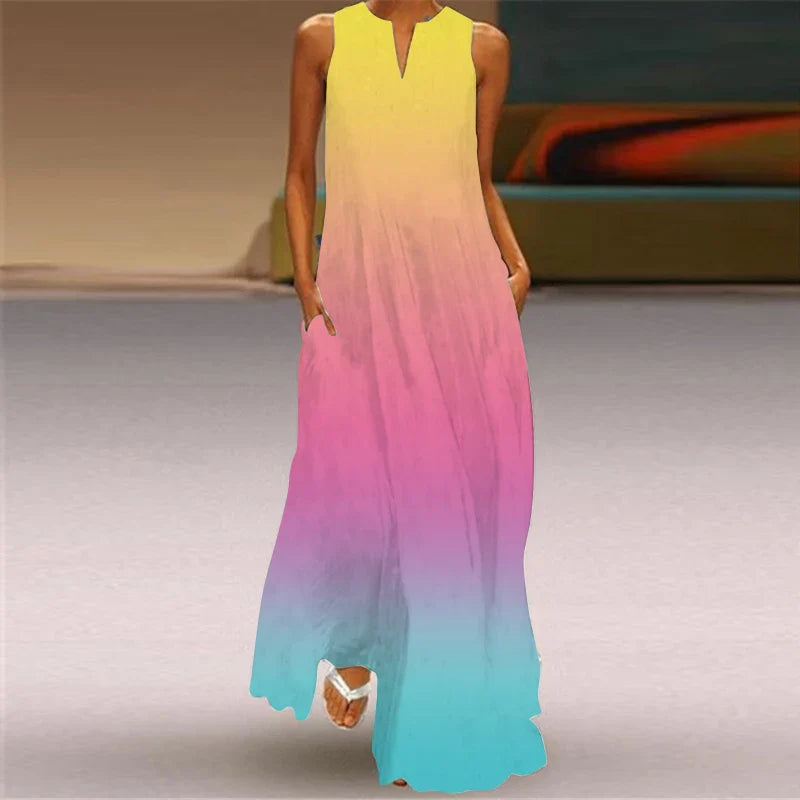 Sleeveless V Neck Printed Maxi Dress For Summer Beachwear