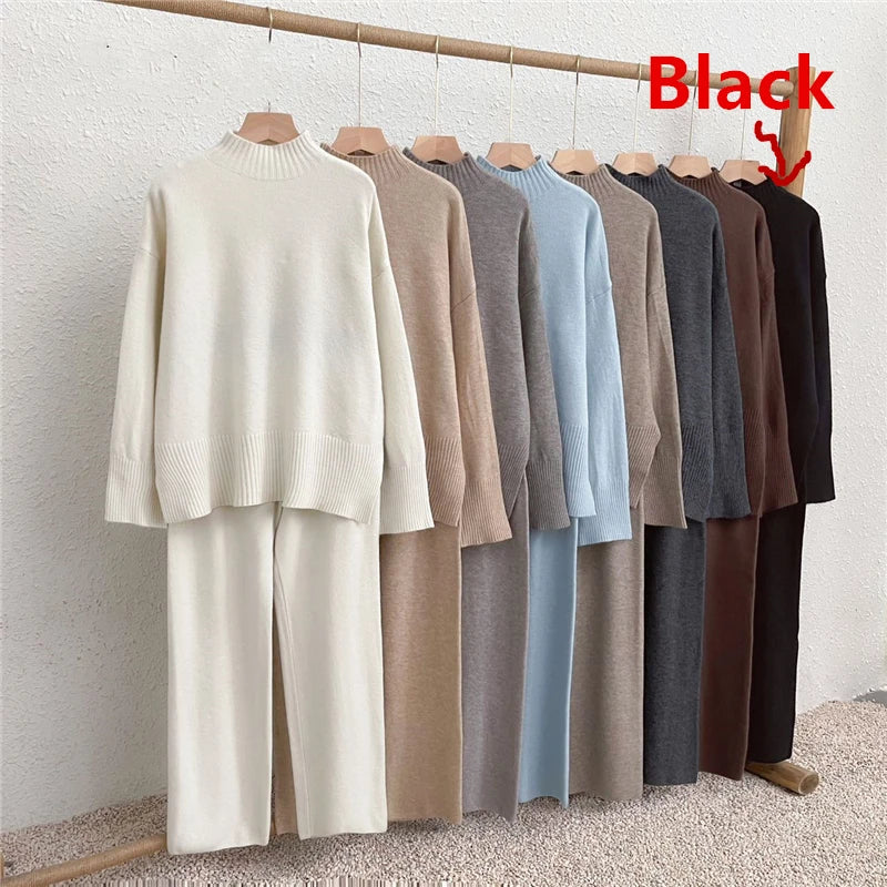 Cozy Split Knit Sweater and Casual Pants Two-Piece Set for Women Soft Solid Color Autumn Winter Outfit