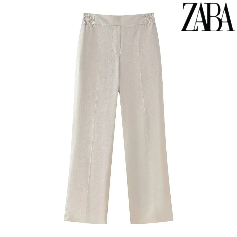 Women's Office Suit Set with Double Breasted Lapel Top and Wide Leg Pants in Solid Color