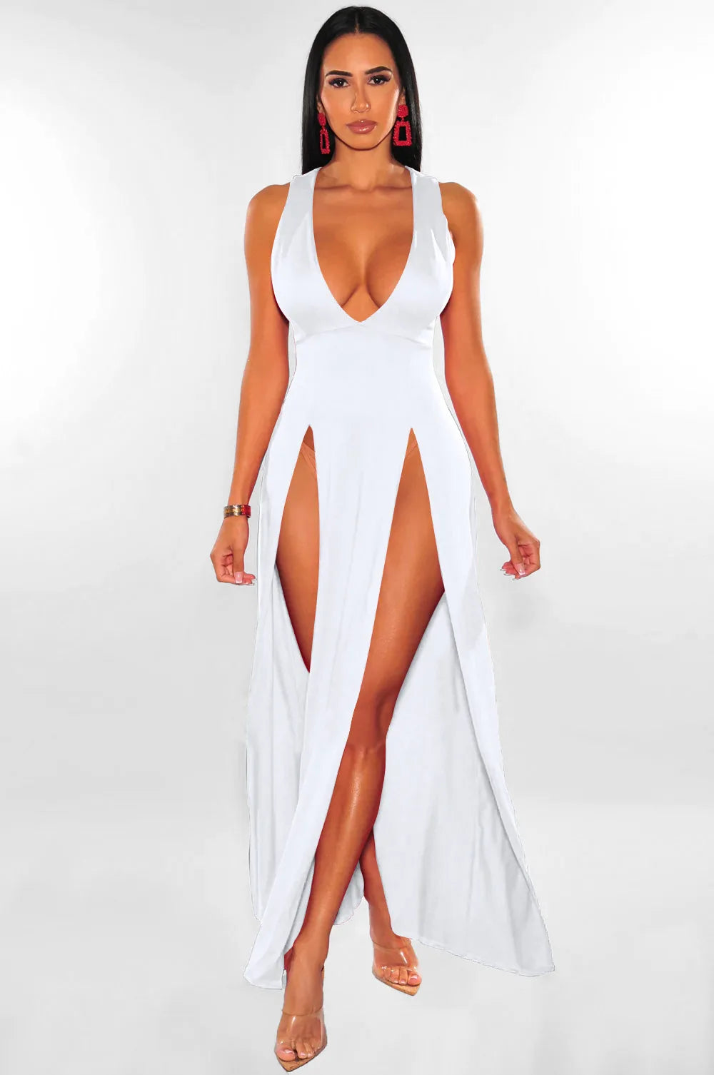 Backless V Neck Sleeveless Maxi Dress With Slit For Party