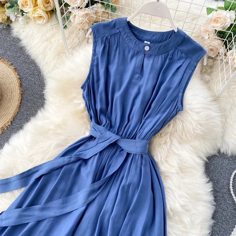 Sleeveless Summer Dress Solid Colors Green Blue Yellow Casual