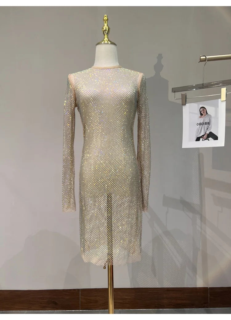 See Through Rhinestone Dress Round Neck Long Sleeve