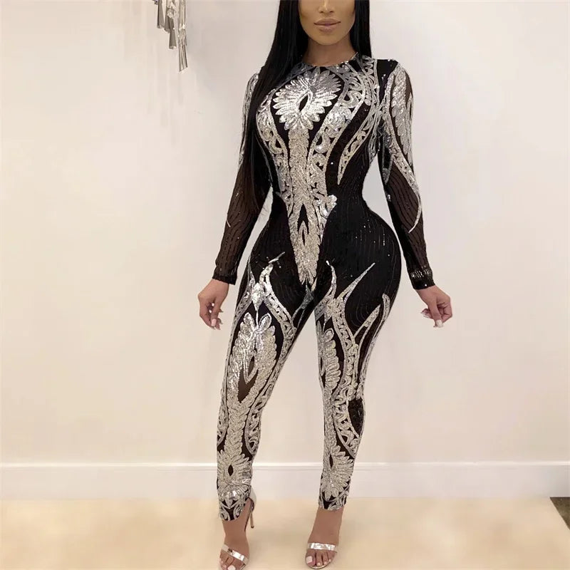 Sexy Sheer Mesh Patterned Jumpsuit for Women Slim Fit Pencil Trousers Romper One-Piece Party Clubwear Night Out Pants