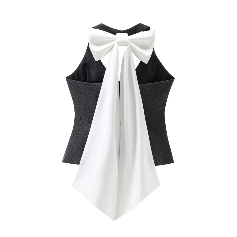 Women's Detachable Butterfly Knot Back Hanging Neck Vest with Pleated Skirt and Pants Set Spring Summer Fashion Ensemble