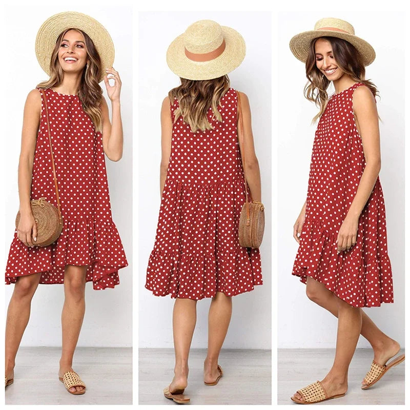 Polka Dot Dress Ruffled Sleeveless Women Round Neck
