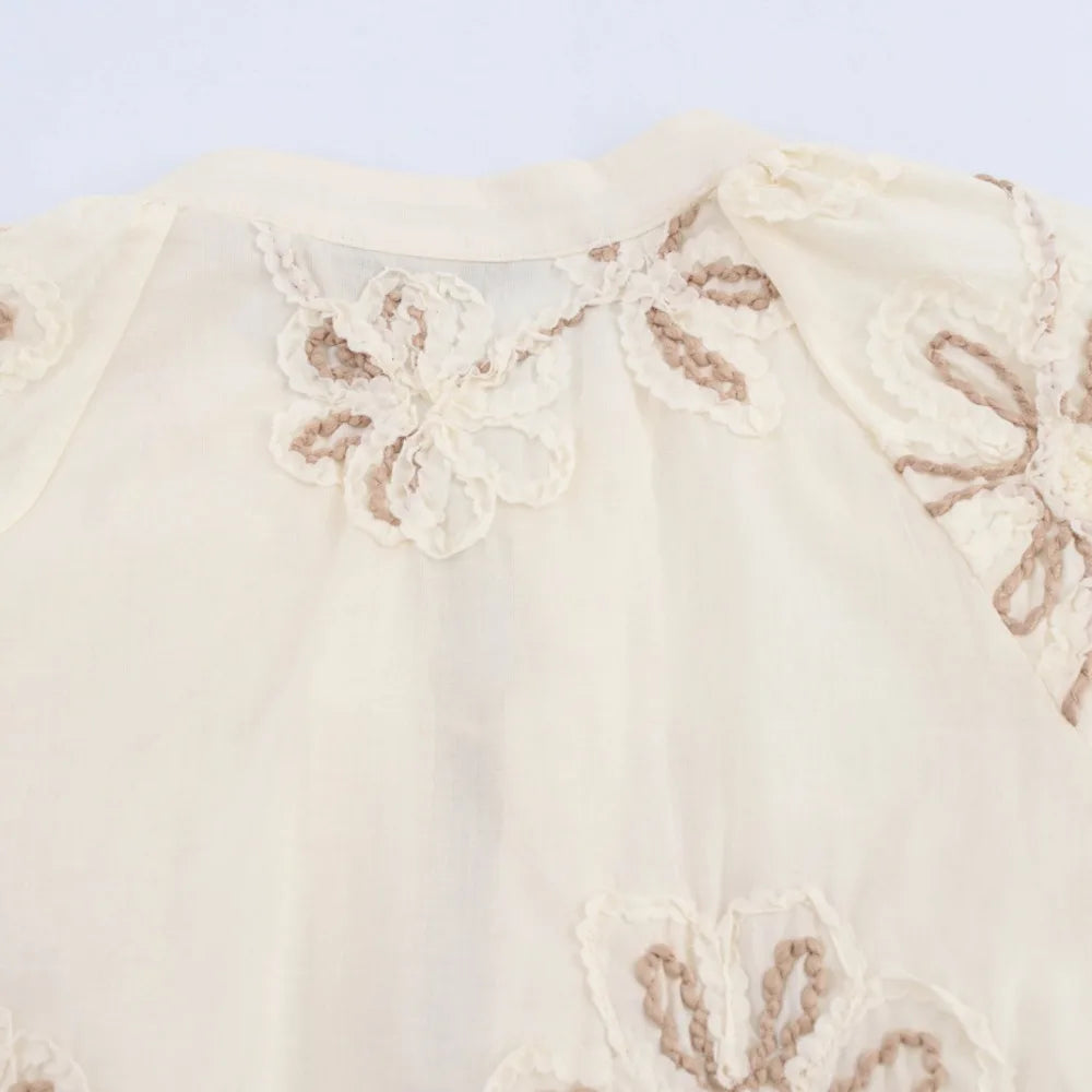 Womens Flower Embroidered Cropped Blouse Loose Tassel Lantern Sleeve Round Neck Chic Top