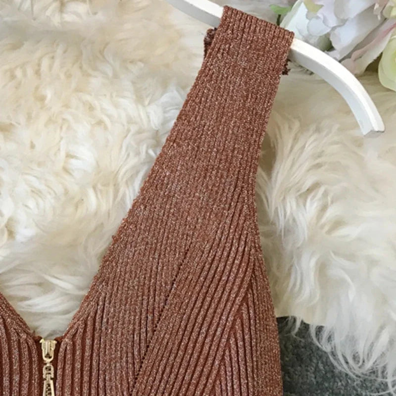 Sexy Zipper V Neck Knit Bodycon Midi Dress For Summer