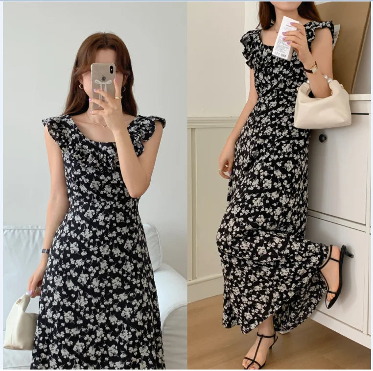 Floral Print Sleeveless Maxi Dress Black Vintage Style