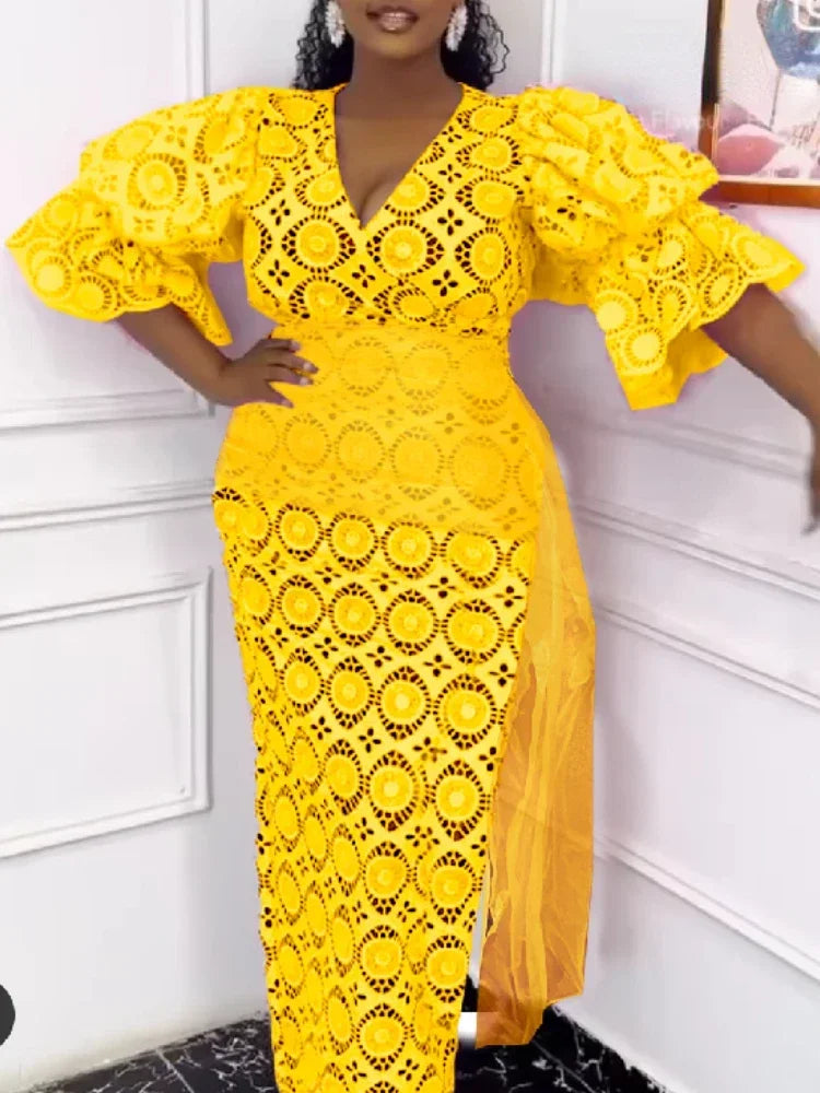 V Neck Lace Dress For Wedding Guest Lantern Sleeves Mesh