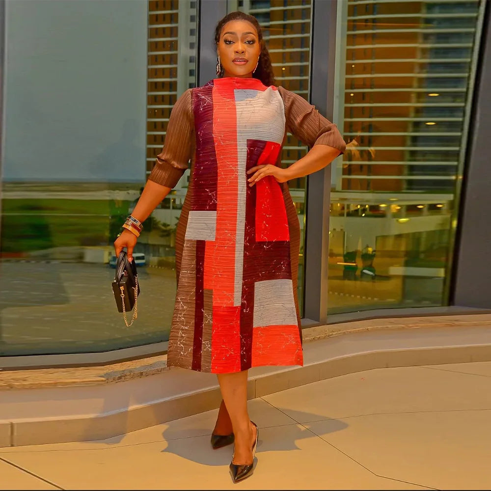 Leaf Print Pleated Boho Maxi Dress for Women Casual Beach