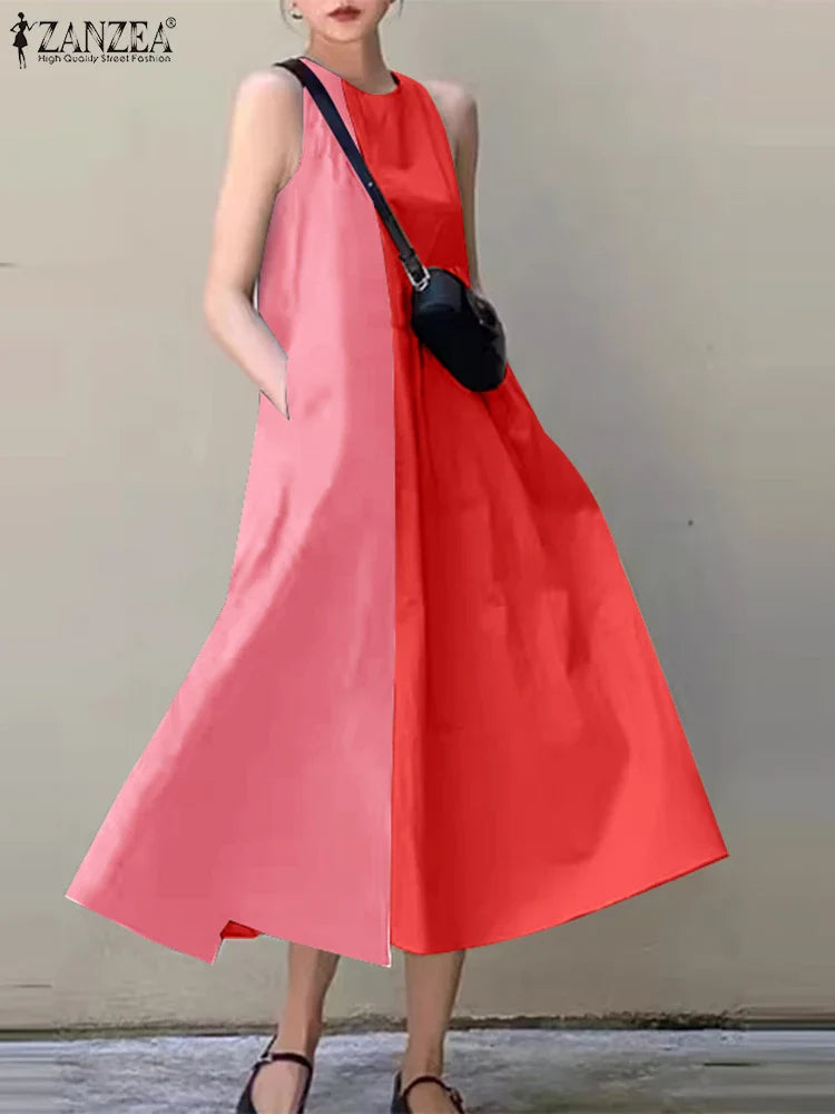 Women's Colorblock Sleeveless Midi Sundress With Pockets