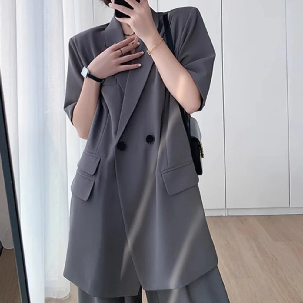 Short Sleeve Blazer Suit Set for Women - Stylish Two Piece Outfit