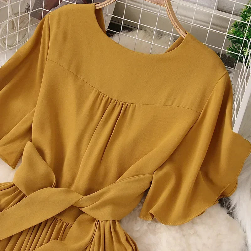 Chiffon Pleated Lace Up V Neck Dress For Women Summer